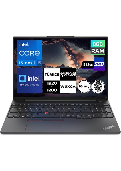 Thinkpad E16 Gen1 I5-1335U 8 GB 512 GB SSD 16" Wuxga Freedos 21JN0005TX Bt4