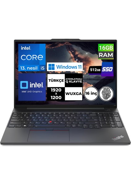 Thinkpad E16 Gen1 I5-1335U 16 GB 512 GB SSD 16" Wuxga Windows 11 Pro 21JN0005TX BT37