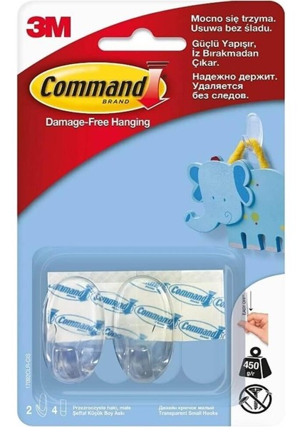 ™ Command™ 17092CLR-CEE Küçük Boy Şeffaf Bant, Max 450 gr (2 Askı ve 4 Küçük Boy Cırt Bant)