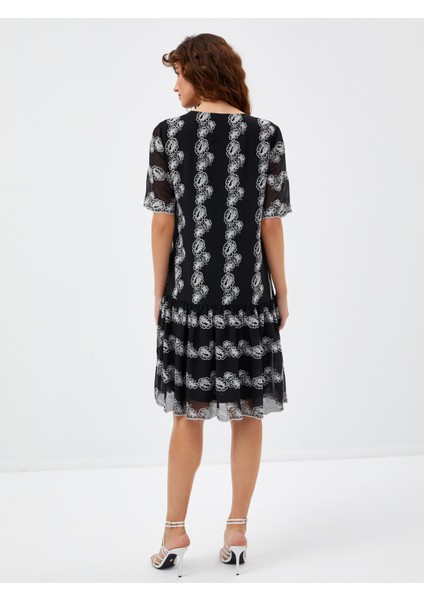 Kontrast Renk Nakış Detaylı Astarlı Şifon Elbise 68272 modelleri