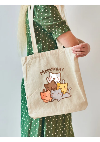 Meowtain Kedi Tasarım Meow Cat Ham Bez Tote Bag, Bez Çanta