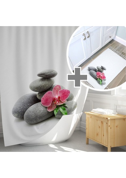 Tropik Home Taş Desen Banyo Paspası Takımı, 50 x 80 Püsküllü Banyo Paspas Ve Banyo Duş Perdesi Seti