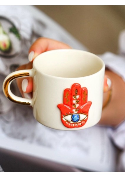 24K Gerçek Altın Dekorlu El Yapımı Fatma Ana Eli Seramik Mug Kupa