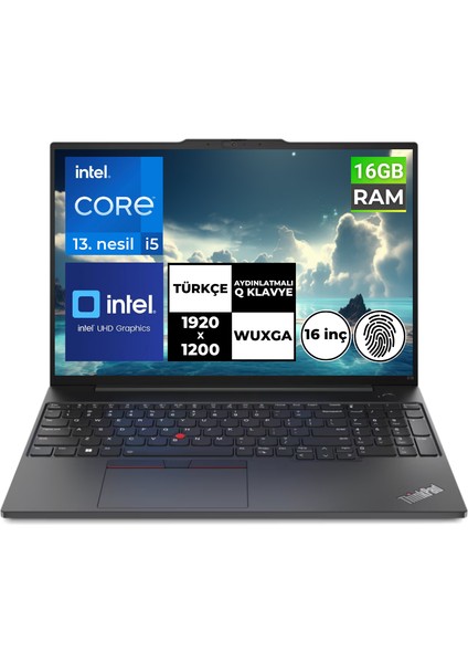 Thinkpad E16 Gen1 I5-1335U 16 GB 256 GB SSD 16" Wuxga Freedos 21JN0008TX Bt1