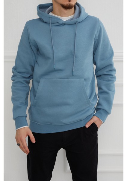 Hscstore Erkek Kanguru Cepli Kapüşonlu Mavi Sweatshirt - 2901