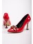 Kadın Zincirli Topuklu Ayakkabı Kırmızı Rugan 3