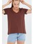 Kadın %100 Pamuk V Yaka Regular Kalıp T-Shirt Kahverengi 3