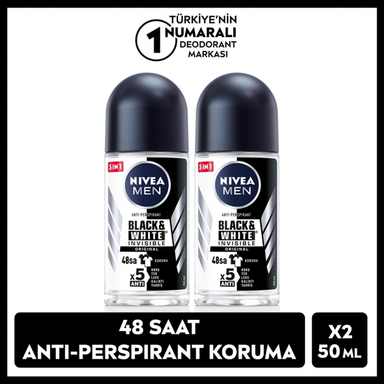 NIVEA Men Erkek Roll on Deodorant Invisible Black&White Original 50 ml x2 Adet, 48 Saat Anti-perspirant Koruma