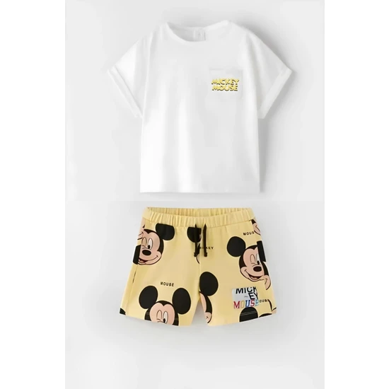 NSE  Bebek & Çocuk Mickey Mouse Baskılı Pamuklu Bisiklet Yaka Beyaz T-Shirt ve Şort Alt Üst Takım