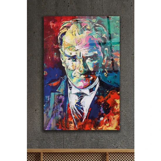 Acres Mustafa Kemal Atatürk Portre Yağlı Boya Efektli Dekoratif Cam Tablo