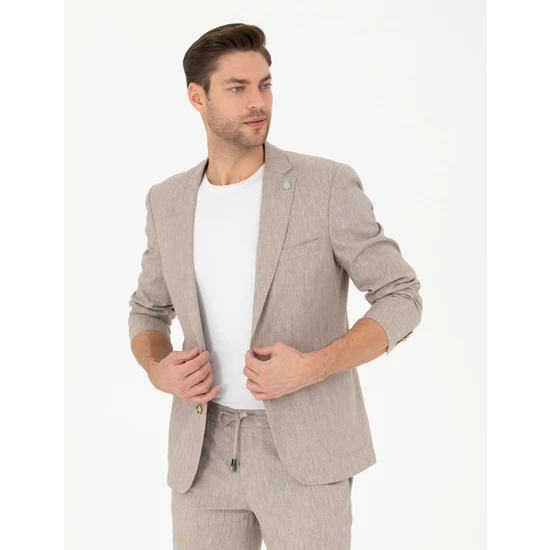 Pierre Cardin Açık Kahverengi Ex. Slim Fit Keten Karışımlı Ceket 50284935-VR002