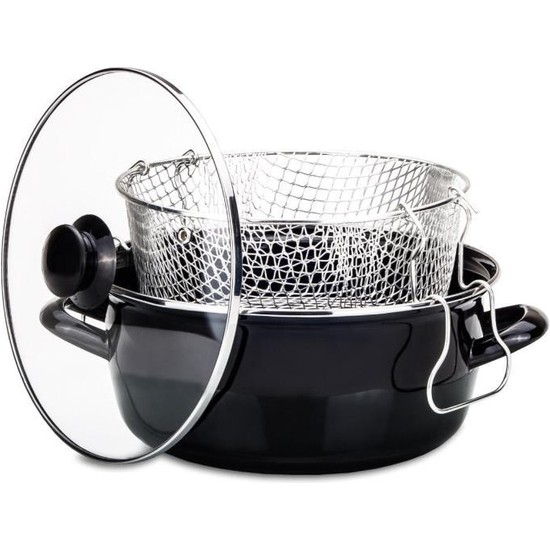 Rossel Premium Kızartma Tenceresi 24 cm Emaye Kaplamalı Siyah Renkli Kullanışlı Tasarım