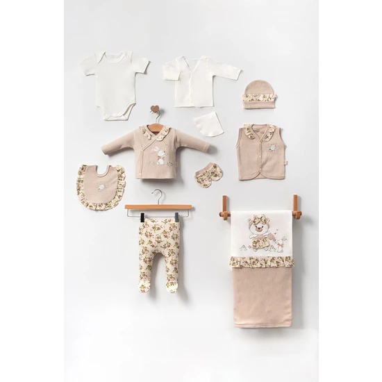 Modam Bebek Minicayzen Haylaz Tavşan Detaylı Çiçekli Kız Bebek Hastane Çıkışı Takımı 10'lu Yenidoğan Bebek Set 0-3 Ay