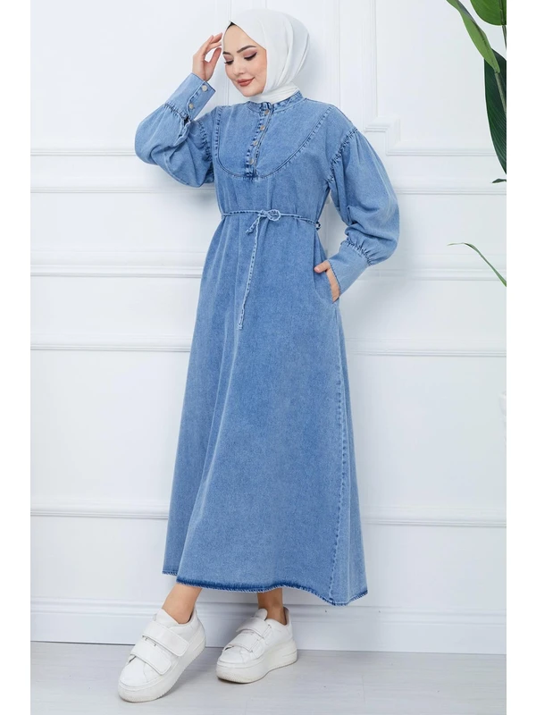 Hafsa Mina Düğmeli Bağcıklı Kot Elbise Mavi HM2347