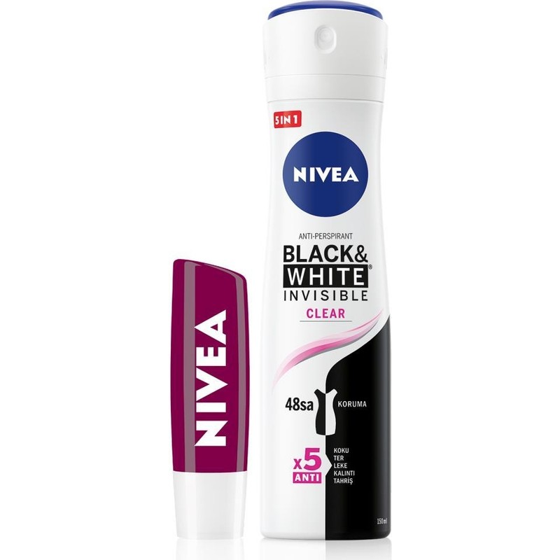 Nivea Kadın Sprey Deodorant Black&white Clear, 48 Saat Koruma ve Nemlendirici Böğürtlen Dudak Bakım Kremi