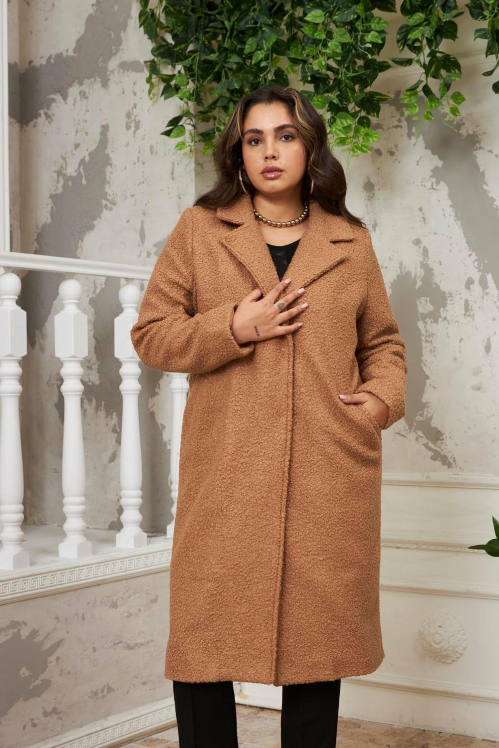 Rmg Hscstore Kadın Kıvırcık Içi Astarlı Büyük Beden Vizon Kaban - 9803 görsel 4