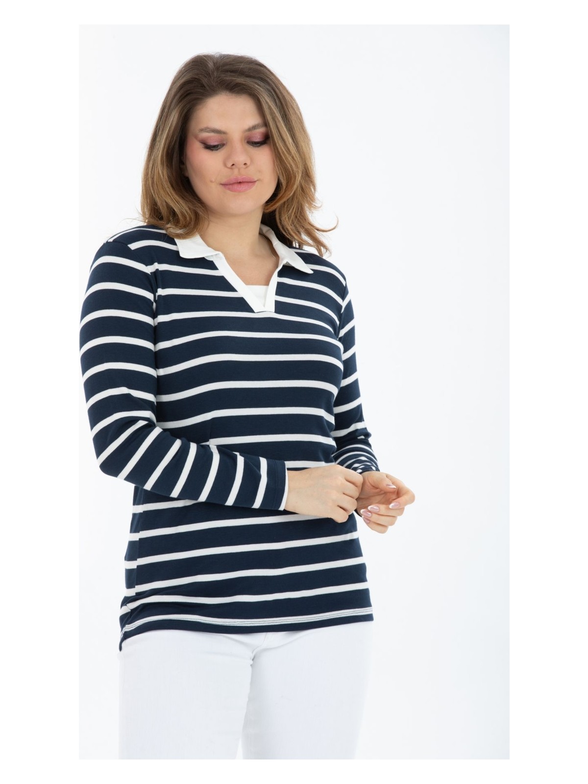 Banega Büyük Beden Pamuklu Likralı V Yaka Basic Siyah Beyaz Bluz - Görsel 3