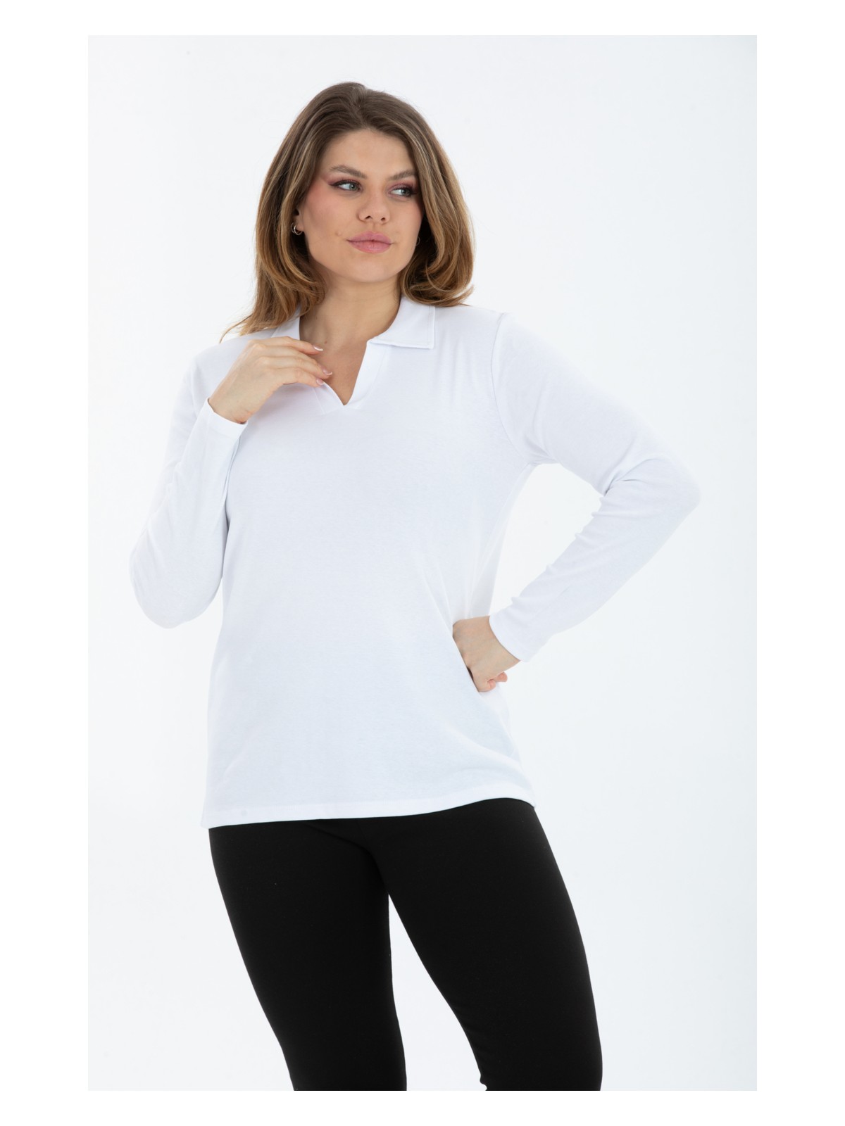 Banega Curve Büyük Beden Pamuklu Likralı V Yaka Basic Düz Uzun Kol Lacivert Bluz - Görsel 4