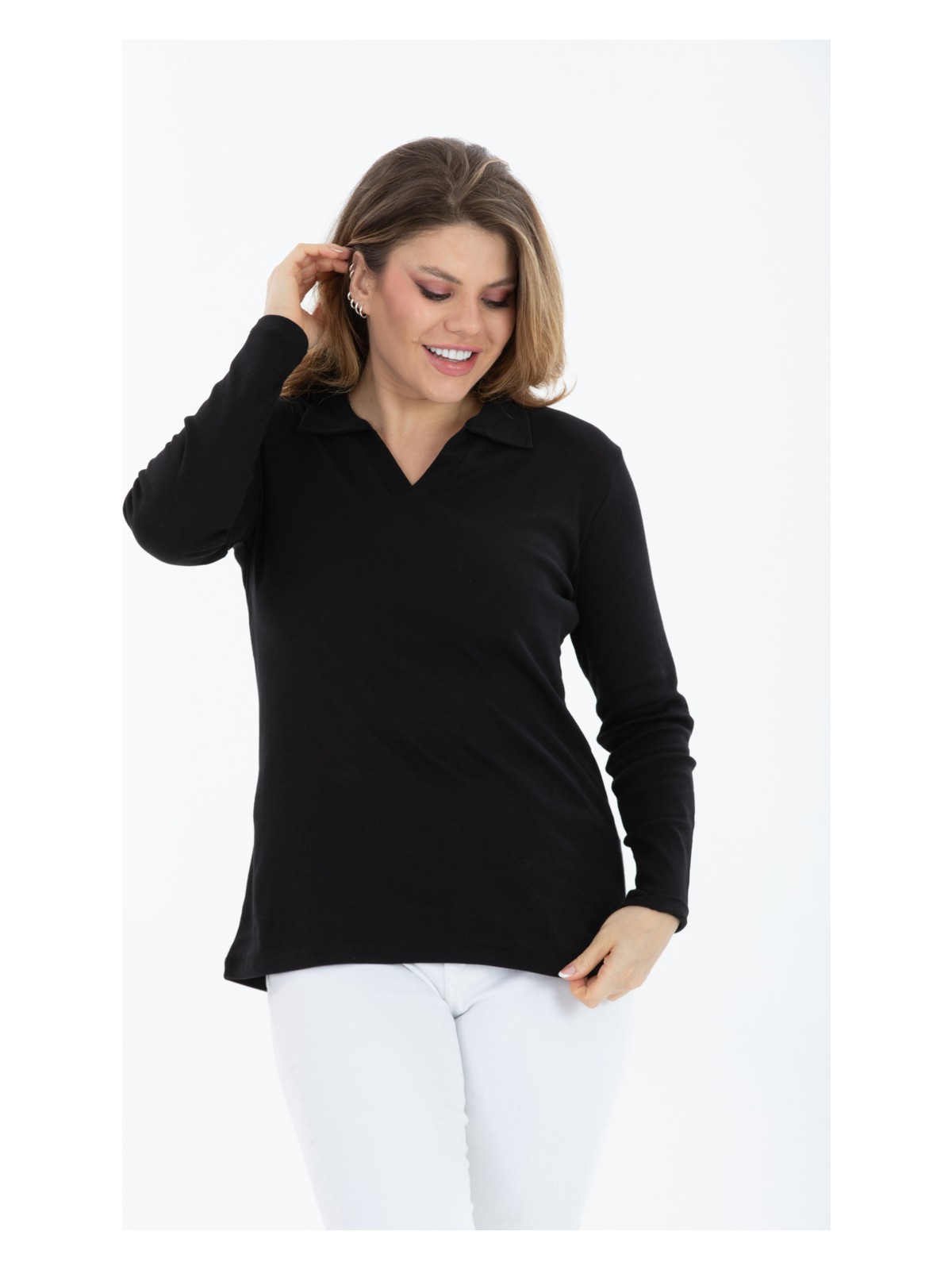 Banega Curve Büyük Beden Pamuklu Likralı V Yaka Basic Düz Beyaz Bluz - Görsel 5