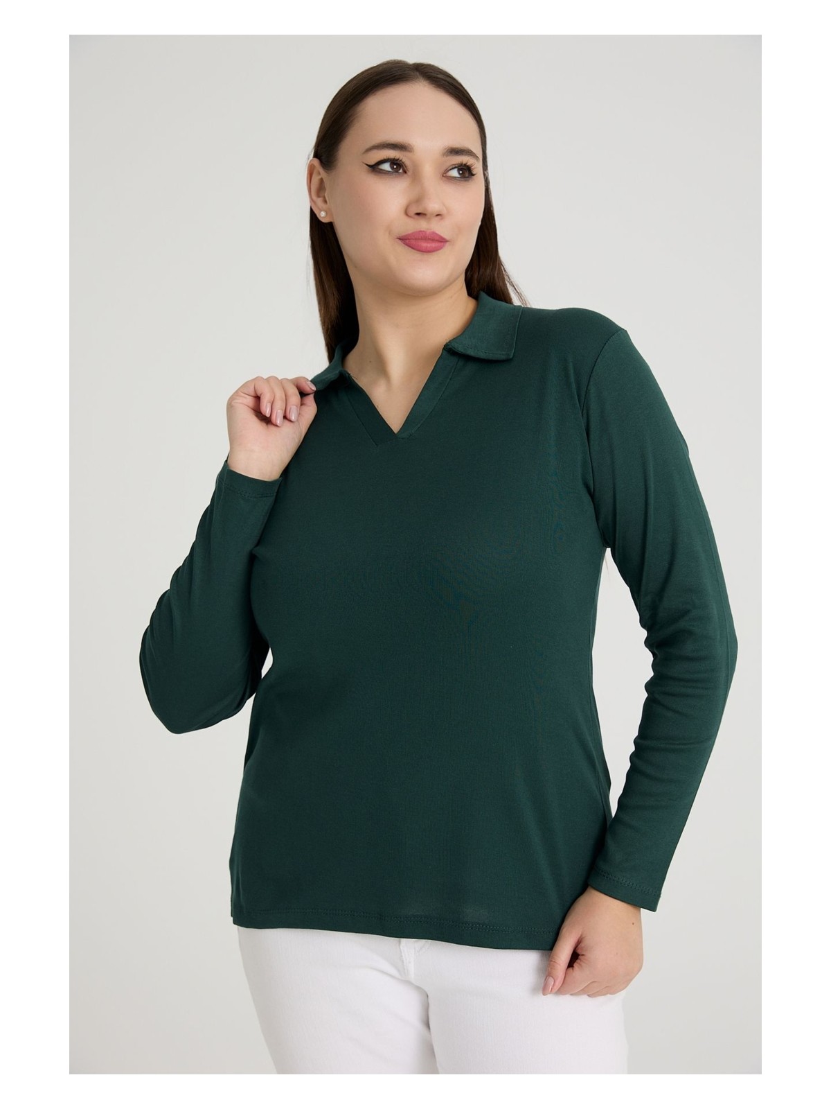 Banega Curve Büyük Beden Pamuklu Likralı V Yaka Basic Düz Uzun Kol Lacivert Bluz - Görsel 3