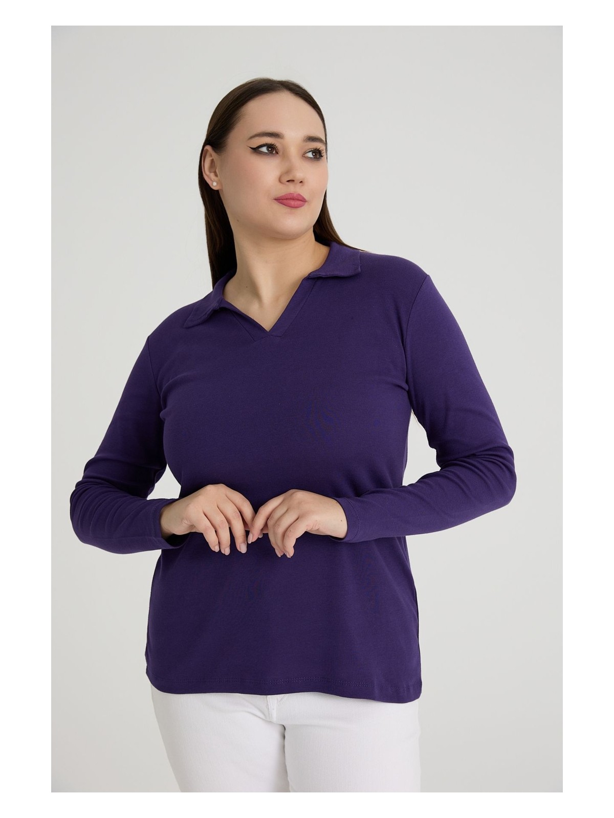 Banega Curve Büyük Beden Pamuklu Likralı V Yaka Basic Düz Uzun Kol Lacivert Bluz - Görsel 6