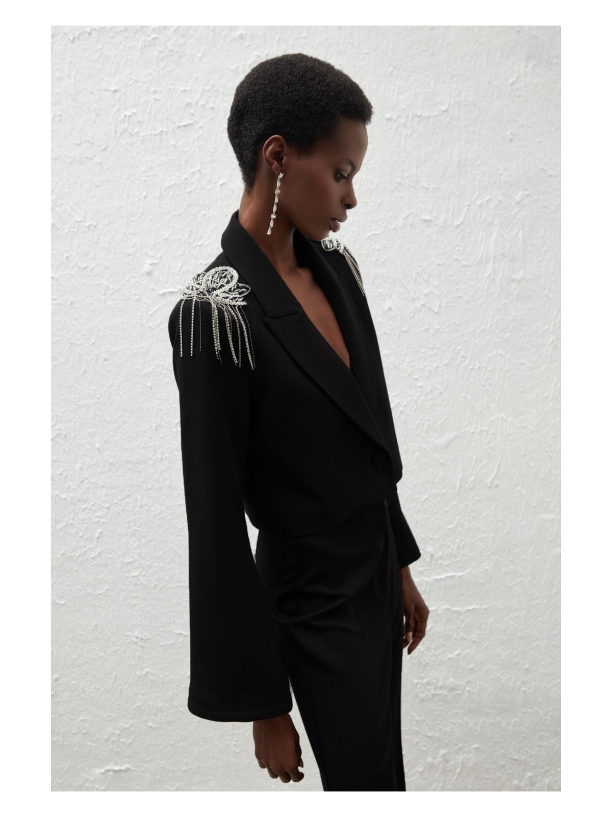 Sateen Siyah Kısa Ceket Kız Çocuk İçin Omuz Aksesuarlı Polyester Günlük Stil