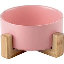 Longbangdian Shop Stand Tarzı Pembe 13CM 400ML Köpek Kedi Besleyici Aksesuarları Gıda Suyu Bambu Ahşap Standlı Seramik Pet Kase (Yurt Dışından)