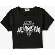 Koton Crop Tişört Baskılı Ribanalı Kısa Kollu Bisiklet Yaka