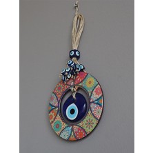 Hediye Sandalı Ahşap Mandala Desenli Ortası Cam Nazar Boncuklu Kapı, Duvar ve Bahçe Süsü Nazarlık 12 cm