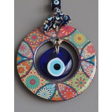 Hediye Sandalı Ahşap Mandala Desenli Ortası Cam Nazar Boncuklu Kapı, Duvar ve Bahçe Süsü Nazarlık 12 cm
