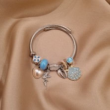 Mystery Jewelry Mavi Deniz Kabuğu Detaylı Çoklu Charm Pandora Çelik Pandora Bileklik