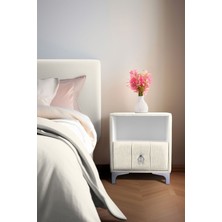 Gazzini Furniture Singular Silver iki Çekmeceli Kırık Beyaz Komodin Raflı Kumaş Kapaklı Yatak Odası Komodin