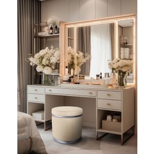 Gazzini Furniture Zerafet Silver Kaplama Luxery Puf- Krem Babyface Kumaş Pofuduk Puf, Makyaj Koltuğu