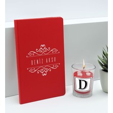 Bk Gift Kişiye Özel Isimli Kırmızı Defter ve Cam Bardakta Kalp Figürlü Kokulu Mum Hediye Seti-7, Sevgiliye Hediye, Arkadaşa Hediye