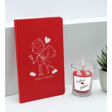 Bk Gift Sevgililere Özel Isimli Kırmızı Defter ve Cam Bardakta Kalp Figürlü Kokulu Mum Hediye Seti-6, Sevgiliye Hediye, Sevgililer Günü