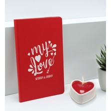 Bk Gift Sevgililere Özel Isimli Kırmızı Defter ve Kalp Taş Obje Kokulu Mum Hediye Seti-11, Sevgiliye Hediye, Sevgililer Günü