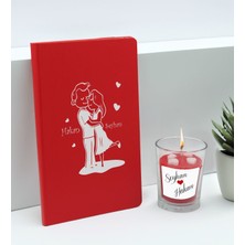 Bk Gift Sevgililere Özel Isimli Kırmızı Defter ve Cam Bardakta Kalp Figürlü Kokulu Mum Hediye Seti-7, Sevgiliye Hediye, Sevgililer Günü