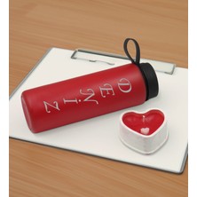 Bk Gift Sevgiliye Özel Isimli Kırmızı Cam Matara ve Kokulu Taş Obje Kalp Mum Hediye Seti-1, Sevgiliye Hediye, Sevgililer Günü