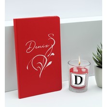 Bk Gift Kişiye Özel Isimli Kırmızı Defter ve Cam Bardakta Kalp Figürlü Kokulu Mum Hediye Seti-5, Sevgiliye Hediye, Arkadaşa Hediye