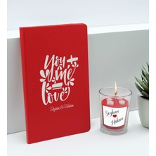 Bk Gift Sevgililere Özel Isimli Kırmızı Defter ve Cam Bardakta Kalp Figürlü Kokulu Mum Hediye Seti-12, Sevgiliye Hediye, Sevgililer Günü