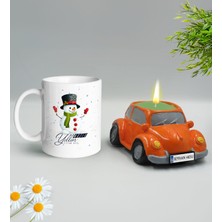 BK Gift Yılbaşı Hediyesi Bk Gift Kişiye Özel Yeni Yıl Tasarımlı Beyaz Kupa Bardak ve Plakalı Nostaljik Vosvos Mum Hediye Seti-8, Sevgiliye, Arkadaşa Hediye