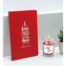 Bk Gift Sevgililere Özel Isimli Kırmızı Defter ve Cam Bardakta Kalp Figürlü Kokulu Mum Hediye Seti-4, Sevgiliye Hediye, Sevgililer Günü