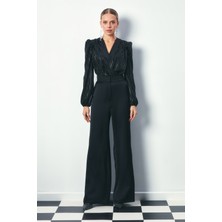 Sateen Parlak Çizgili Bodysuit Bluz - Siyah