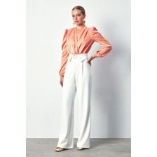Sateen Kruvaze Desenli Bodysuit Bluz - Somon
