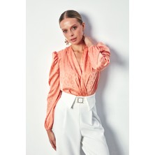 Sateen Kruvaze Desenli Bodysuit Bluz - Somon