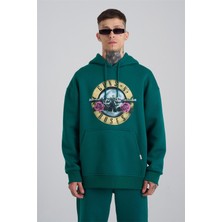 Sizefash Guns Baskılı Kapüşonlu Oversize Sweatshirt Petrol Yeşili