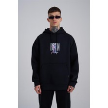 Sizefash Çiçek Desenli Kapüşonlu Oversize Sweatshirt Siyah