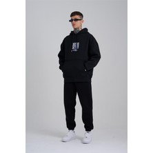 Sizefash Çiçek Desenli Kapüşonlu Oversize Sweatshirt Siyah