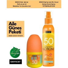 Sence Güneş Koruyucu Aile Seti | Bebek Çocuk Yetişkin 50 Spf Vegan Roll-On 50 ml + Sprey 200 ml