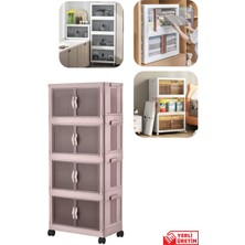 Piev Çok Amaçlı Kapaklı Istiflenebilir Tekerlekli Organizer Dolap 4 Lü Pembe